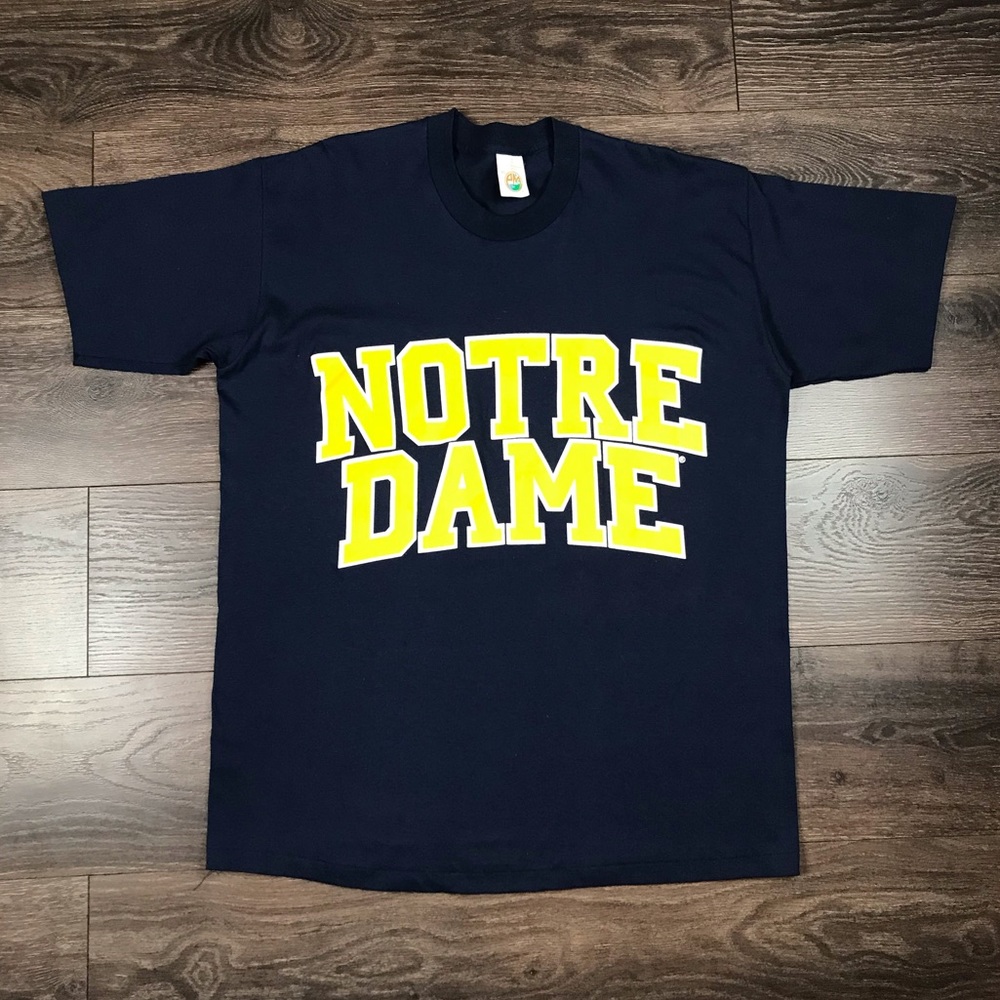 University Of Notre Dame Men’s Yellow Box Letters Vintage Logo Navy Blue Shirt
